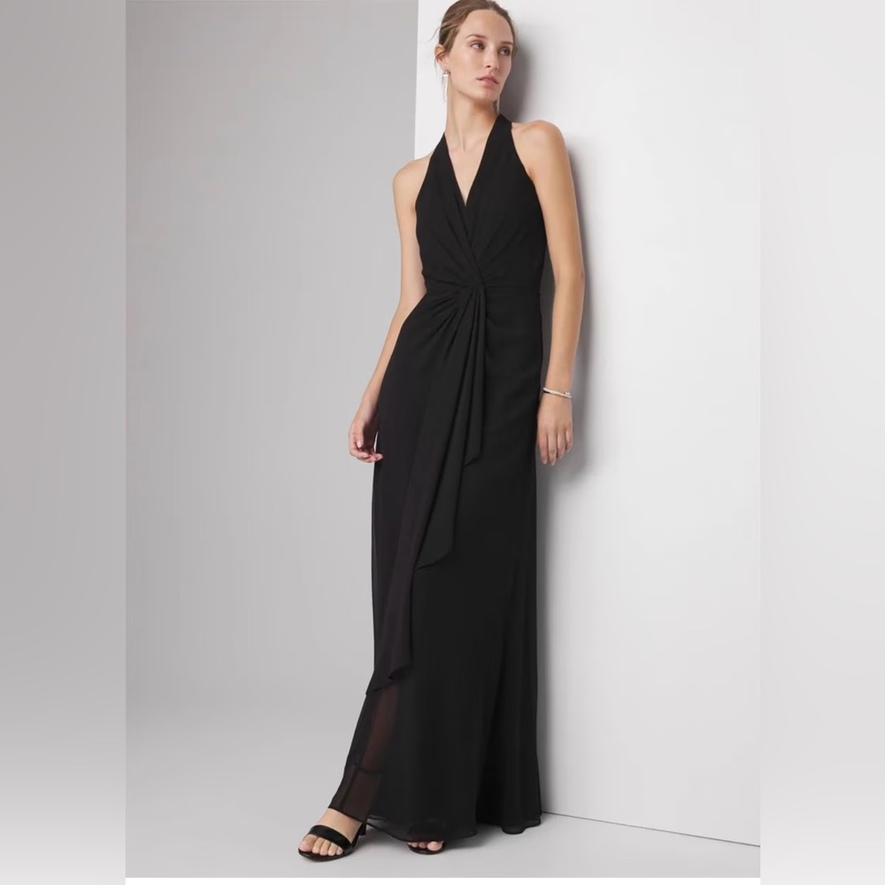 White House Black Market Sleeveless Draped Gown 4P Black V-Neck Chiffon Lined - Picture 3 of 16